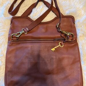 Fossil Brown Leather Bag with Gold Key Accent